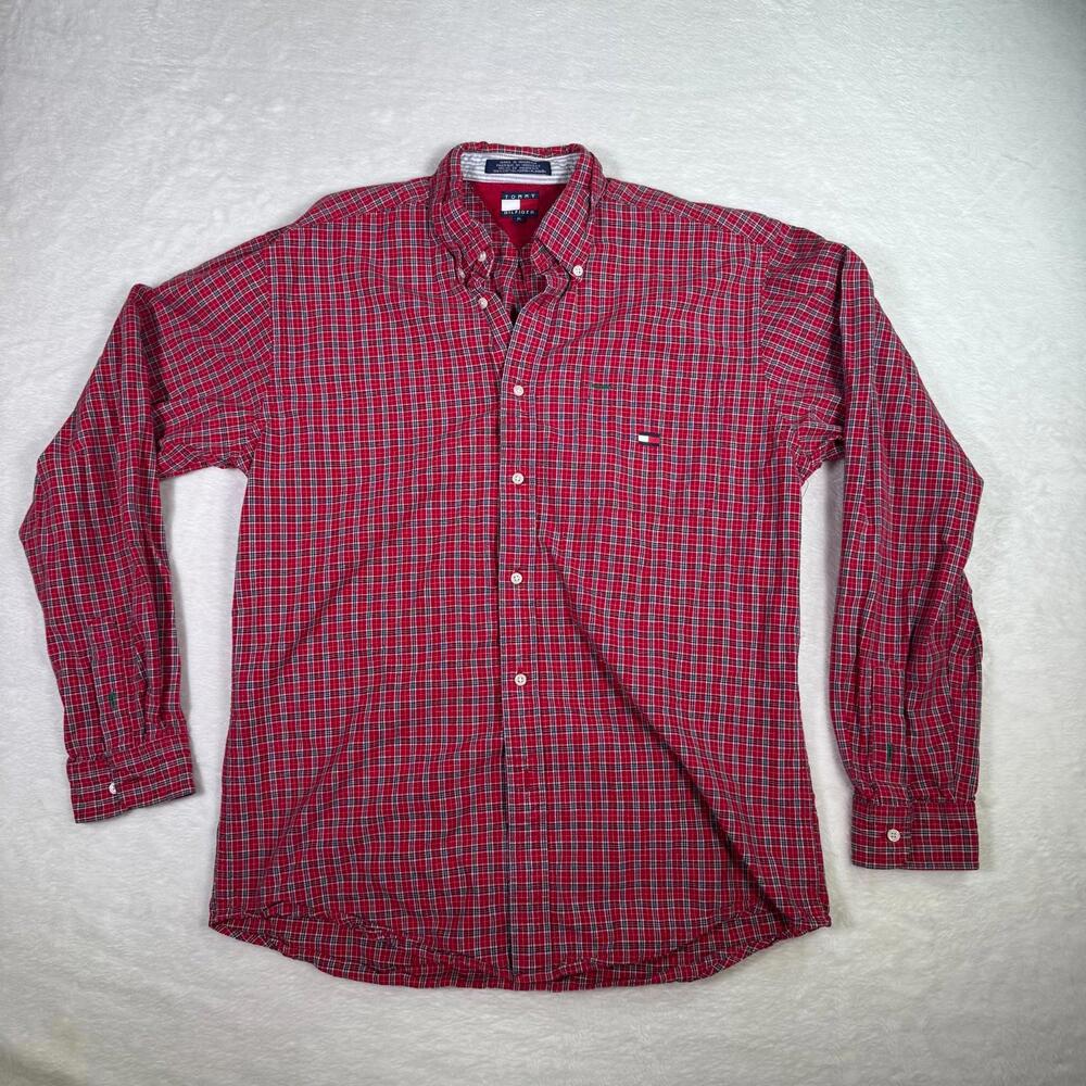 Tommy Hilfiger Button Down‎ Shirt Mens XL Red Plaid Classic Fit Long Sleeve